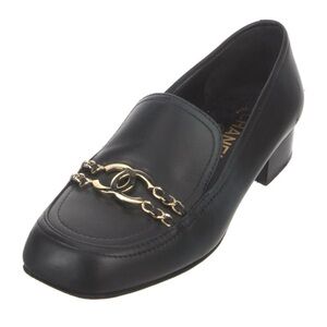 CHANEL Black Leather Loafer with Gold CC Chain - purchased from TheRealReal